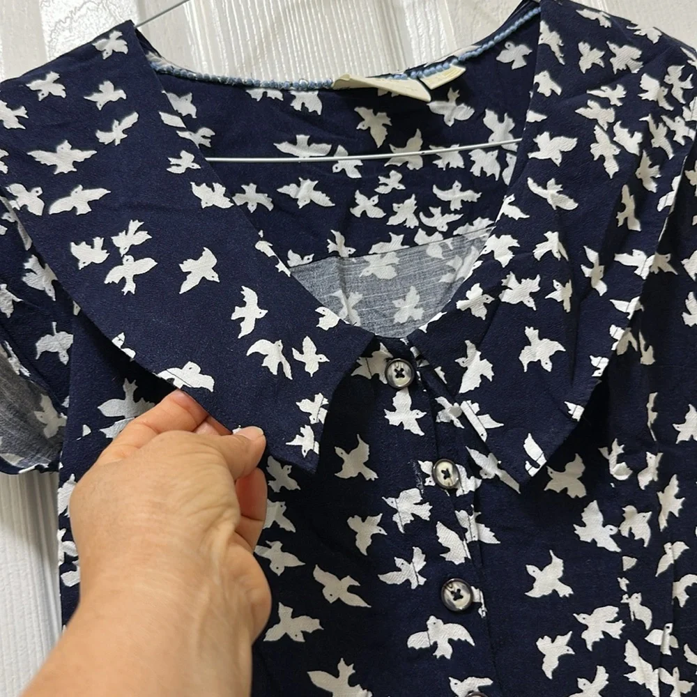 Maeve by Anthropologie Navy Blue Blouse with White Bird Print - Picture 3 of 7